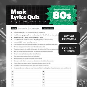 Quiz sui testi delle canzoni degli anni '80 / Download immediato / Stampabile a casa