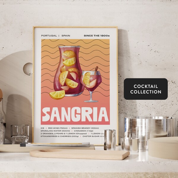 Sangria Cocktail Art Print, Cocktail Poster, Cocktail Wall Art, Cocktail Recipe, Cocktail Gift, Home Bar Art, Alcohol Poster, Drink Poster