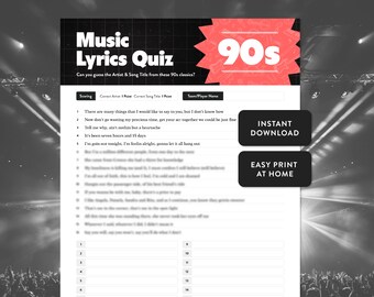 90s Music Lyrics Quiz | Instant Download | Printable At Home