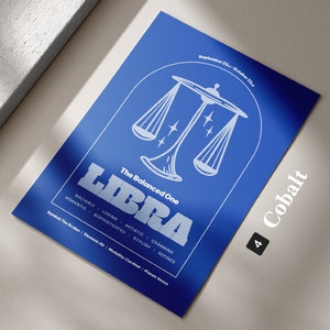 Może przedstawiać: Niebieski plakat z białą ilustracją wagi, słowem "LIBRA" w pogrubionych białych literach i tekstem "The Balanced One" nad nim. Plakat zawiera r&oacute;wnież daty "September 23rd - October 22nd", słowo "Cobalt" w białych literach i liczbę "4" w białym k&oacute;łku.