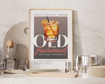 Old Fashioned Cocktail Recipe Art Print, Home Bar Decor