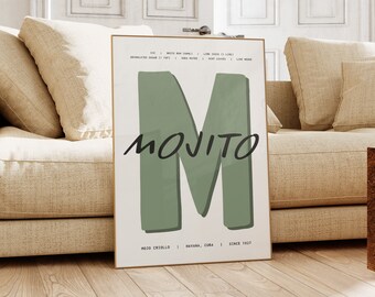 Mojito Typography Cocktail Art Print, Cocktail Poster, Cocktail Wall Art, Cocktail Recipe, Cocktail Gift, Home Bar Art