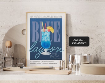 Blue Lagoon Cocktail Art Print, Cocktail Poster, Cocktail Wall Art, Cocktail Recipe, Cocktail Gift, Home Bar Art, Alcohol Poster