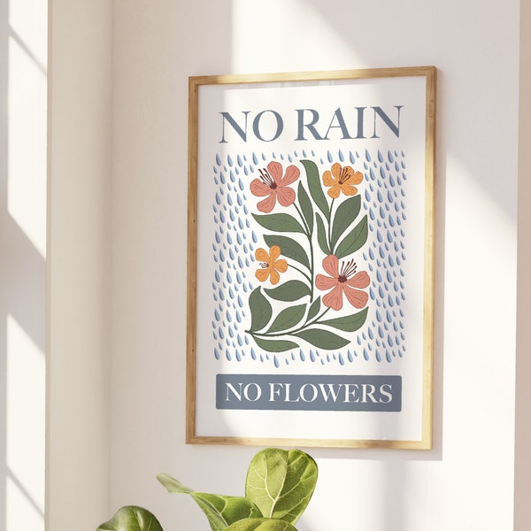 No Rain No Flowers Retro Boho Art Print, Unframed Poster, Positive Poster, Typographic Art Print, Home Decor