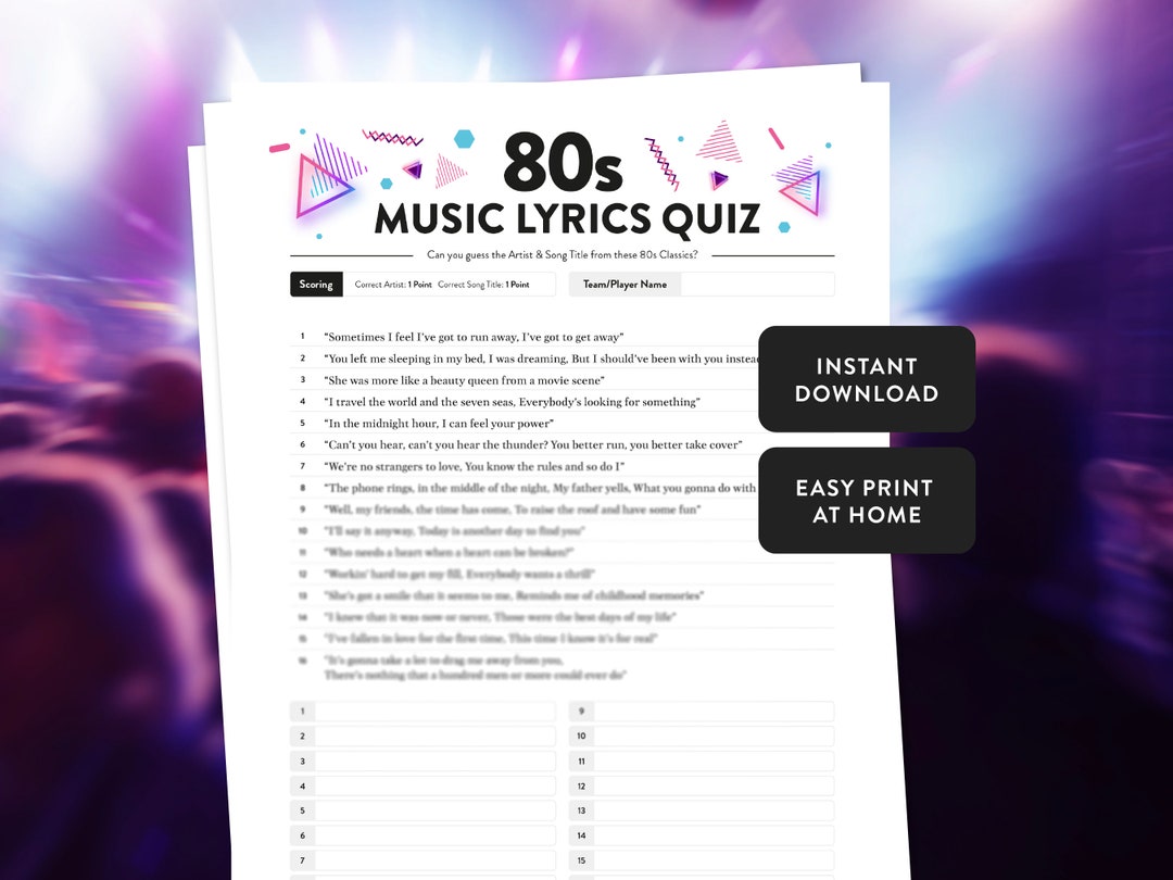 80s Music Lyrics Quiz Instant Download Printable at Home Etsy