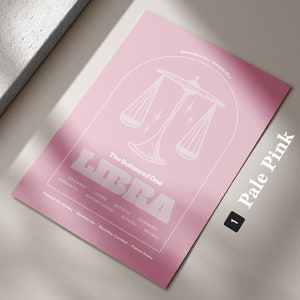 Może przedstawiać: R&oacute;żowy plakat z białym symbolem zodiaku Wagi i tekstem "The Balanced One" i "LIBRA". Plakat zawiera r&oacute;wnież daty "September 23rd - October 22nd" i tekst "Pale Pink" z numerem "1".