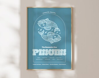 Impresión del signo zodiacal Piscis, póster del zodíaco sin marco, impresión astrológica, regalo del signo zodiacal, A4 A3 A3 A1, arte de pared, decoración del hogar