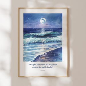 Impresión del océano, impresión del amante de la playa, impresión junto al mar, océano de noche, arte de natación, póster con cita relajante, impresión de acuarela, impresión de luna
