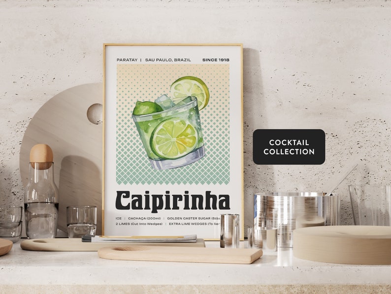 Caipirinha Cocktail Art Print, Cocktail Poster, Cocktail Wall Art, Cocktail Recipe, Cocktail Gift, Home Bar Art, Alcohol Poster image 1