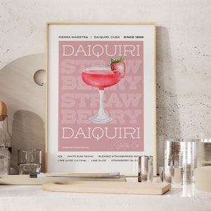 Impresión de cóctel Daiquiri de fresa, póster de cóctel, arte mural de cóctel, receta de cóctel, regalo de cóctel, arte de bar en casa, póster de alcohol