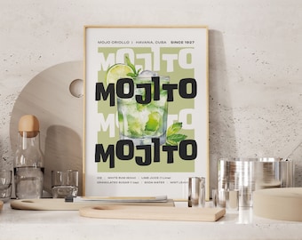 Mojito Cocktail Druck, Cocktail Poster, Cocktail Wandkunst, Cocktail Rezept, Cocktail Geschenk, Hausbar Kunst, Alkohol Poster, Getränke Poster