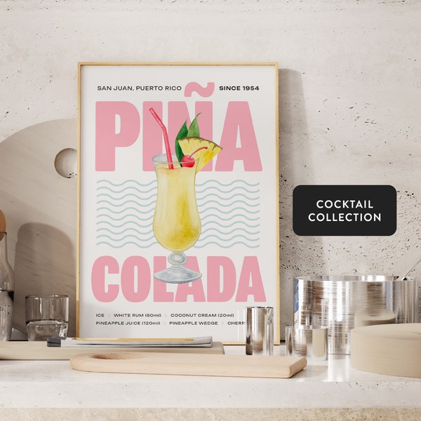 Piña Colada Cocktail Art Print, Cocktail Poster, Cocktail Wall Art, Cocktail Recipe, Cocktail Gift, Home Bar Art, Alcohol Poster