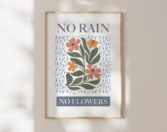 No Rain No Flowers Art Print, Retro Boho Home Decor