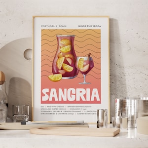 Sangria Cocktail Druck, Cocktail Poster, Cocktail Wandkunst, Cocktailrezept, Cocktail Geschenk, Hausbar Kunst, Alkohol Poster, Getränkeposter