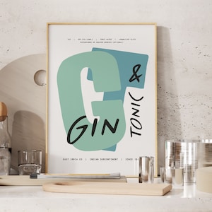 Impresión de gin tonic, póster de cócteles, arte mural de cócteles, receta de cócteles, regalo para amantes de la ginebra, arte de bar para el hogar