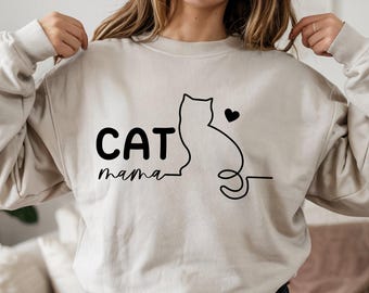 Sudadera minimalista con diseño de línea Cat Mama | Silueta de gato con corazón