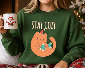 Sudadera acogedora de gato, jersey de cuello redondo con gatito adorable, regalo para amantes de los gatitos, jersey cálido con estampado felino, suéter acogedor con bigotes