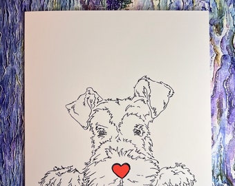 Hand drawn schnauzer dog fineline art card, handmade, nose heart ink drawing, love, Valentines Day, Personalised