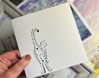 Hand drawn Funny Bengal cat butt fineline art card, Personalised, handmade, bum heart, ink drawing, love, Valentines Day,