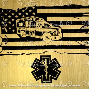 Tattered American Flag with Ambulance EMS BonuS star of life VECTOR SVG machine cutting cnc laser