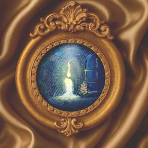 Miniature Candel Painting in Ornate Oval Frame - Vintage Style Gold Wall Art - Hand-Painted Mini Art for Gallery Wall or Gift