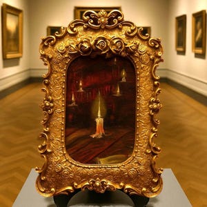 Mini Oil Painting in Ornate Baroque Frame - Gothic Candlelight Art - Victorian Style Home Decor