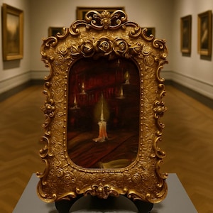 Mini Oil Painting in Ornate Baroque Frame - Gothic Candlelight Art - Victorian Style Home Decor