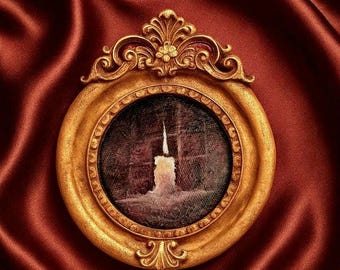 Hand-Painted Miniature Candle Artwork: Oil Painting in Gold Oval Frame