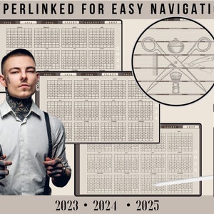 May include: Three calendars with a grid layout for the years 2023, 2024, and 2025. The calendars are labeled "Client", "Gallery", and "Shop". The image also includes a stylized illustration of barber tools, including scissors, a razor, a comb, and a shaving brush.
