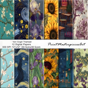 Van Gogh Digital Paper, Vincent van gogh seamless pattern Themed on van gogh paintings 12 digital paper pack, INSTANT DOWNLOAD