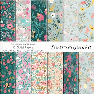 Floral Meadow Flowers digital paper, blue, aqua and pink seamless pattern, ditsy flowers, 12 digital paper pack, INSTANT DOWNLOAD