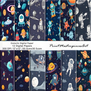AVENTURA ESPACIAL INFANTIL, Astronauta Espaço Lua Estrelas Planetas Berçário Padrão de repetição perfeita, papel digital imprimível 12 designs - 12 x 12 pol.