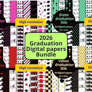 2026 Abschlussfeier Digitale Papiere | Pink, Rot, Grün, Gelb gemustert (Digitaler Download)