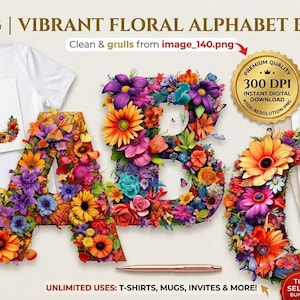 Op de afbeelding: Een levendige bloemen alfabetbundel met de letters A, B en C, elk samengesteld uit kleurrijke bloemen. De afbeelding bevat een wit t-shirt, een mok en kaarten met bloemenletterontwerpen. De tekst luidt "26 PNG | VIBRANT FLORAL ALPHABET BUNDLE".