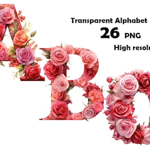 26 PNG, Clipart collection Alphabet floral rose, Clipart alphabet rose, lot de fleurs roses, lettres florales, téléchargement numérique