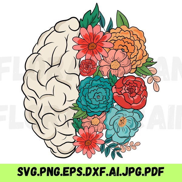 fleur cerveau svg, Santé mentale svg, fleurs sauvages svg, clipart cerveau humain, conception d’anatomie, clipart médical