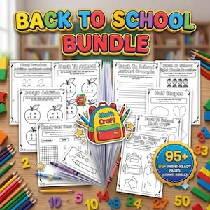 Könnte beinhalten: Eine Sammlung von Arbeitsblättern mit dem Titel Back To School Bundle für Mathematik und Leseübungen. Das Set enthält Aufgaben zu Addition, Subtraktion, Wortschatz und Schreibübungen, zentriert um eine bunte Rucksack-Grafik.