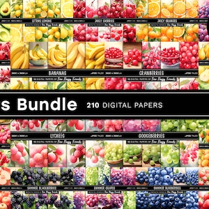 Peut inclure: Un pack de papiers numériques avec 21 ensembles d'illustrations de fruits, y compris l'avocat, le citron, la cerise, l'orange, la grenade, la banane, la canneberge, la poire, le litchi, la framboise, la pomme, la mûre, le raisin, la myrtille, la mangue et la fraise. Chaque ensemble comprend 10 papiers numériques, pour un total de 210 papiers numériques.