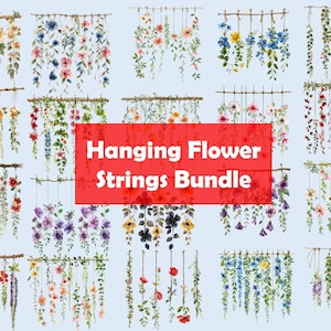 Bundle de clipart fleurs suspendues aquarelle, 31 PNG ensemble, art botanique, fabrication de cartes, tenue d'un journal, fleurs, ressources numériques, téléchargement immédiat