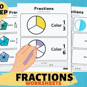 Hojas de trabajo imprimibles de fracciones de tercer grado / Fracciones unitarias y modelos visuales / Cuaderno de ejercicios de matemáticas de 62 páginas (PDF)