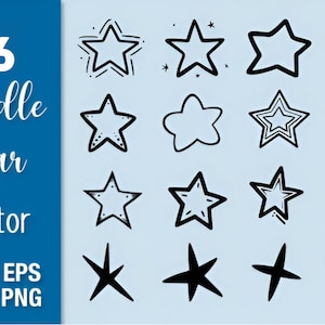 May include: A set of 16 black and white doodle star vector illustrations. The stars are in various styles, including simple, outlined, and filled.