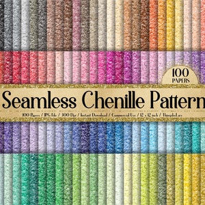 May include: A set of 100 digital seamless chenille patterns in various colors. Each pattern is 12 inches by 12 inches and 300 dpi. The patterns are perfect for crafting, scrapbooking, and digital design.