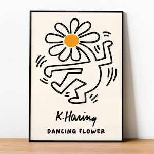 Keith Haring Art, Keith Haring Dancing Flower, Exhibition Poster, Dancing Flower Digital Print, Wall Art Poster, Yellow Print, Pop Art