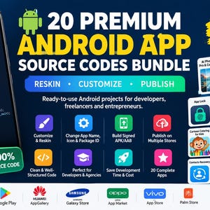 以下が含まれることがあります： 20種類のプレミアムAndroidアプリソースコードバンドルのデジタルプロモーション画像。コードを表示するスマートフォン、リスキンや公開オプションを含む機能リスト、およびさまざまなアプリカテゴリのアイコンが表示されています。