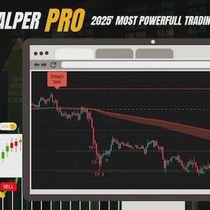 May include: A digital trading interface titled Fusion Scalper Pro 2025 Most Powerfull Trading Indicator. The screen displays a dark-themed candlestick chart with a Smart Sell signal, entry point 3327.94, stop loss 3341.94, and three take profit levels.