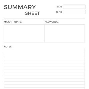 Op de afbeelding: Een blanco samenvattingsblad met secties voor belangrijke punten, trefwoorden en notities. De quote "Het geheim van vooruitgang is beginnen." - Mark Twain staat onderaan het blad.