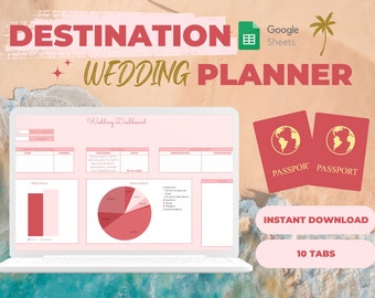 May include: A laptop computer screen displaying a Google Sheets spreadsheet titled "Wedding Dashboard". The spreadsheet includes charts and tables for wedding planning. The image also includes two red passport covers with the word "PASSPORT" printed on them. The text "INSTANT DOWNLOAD" and "10 TABS" is also visible. The image is set against a background of a beach with palm trees and ocean waves.