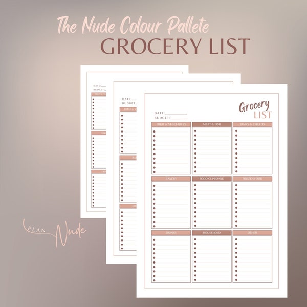 Nude Colour Palette Printable Grocery List, Shopping List, Grocery Checklist, Groceries planner, Food shopping list, Instant download PDF