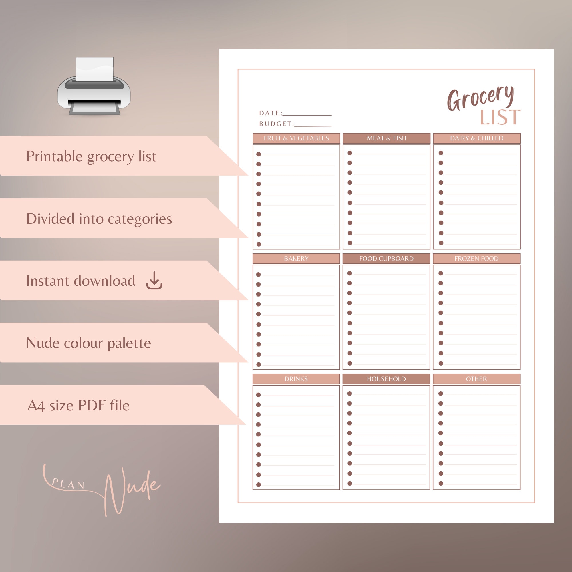 Nude Colour Palette Printable Grocery List, Shopping List, Grocery