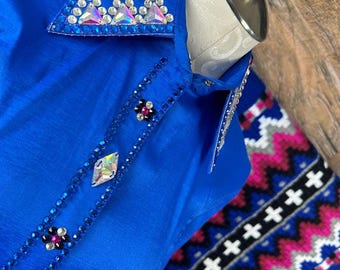 Royal Blue Colour Western Show Shirt & Wool Saddle Pad Set: Rhinestone Accents